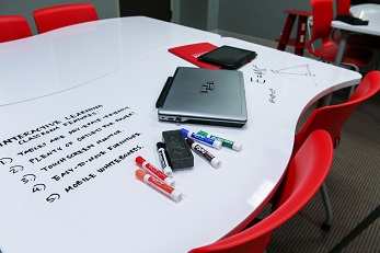 A whiteboard table with a handwritten list. A laptop, portfolio and dryerase marker set are on the table.