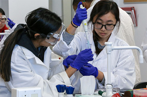 Two female students wearing purple gloves and white lab coats insert a syringe into a test tube.