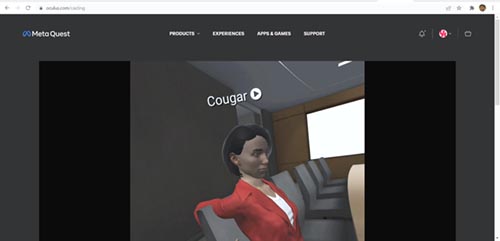 Computer screenshot displaying Meta's Oculus Quest virtual environment. The virtual setting depicts a woman leaning back in a chair.