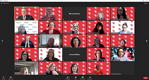 Screenshot of virtual event on the online Zoom platform featuring faculty and staff from the College of Nursing