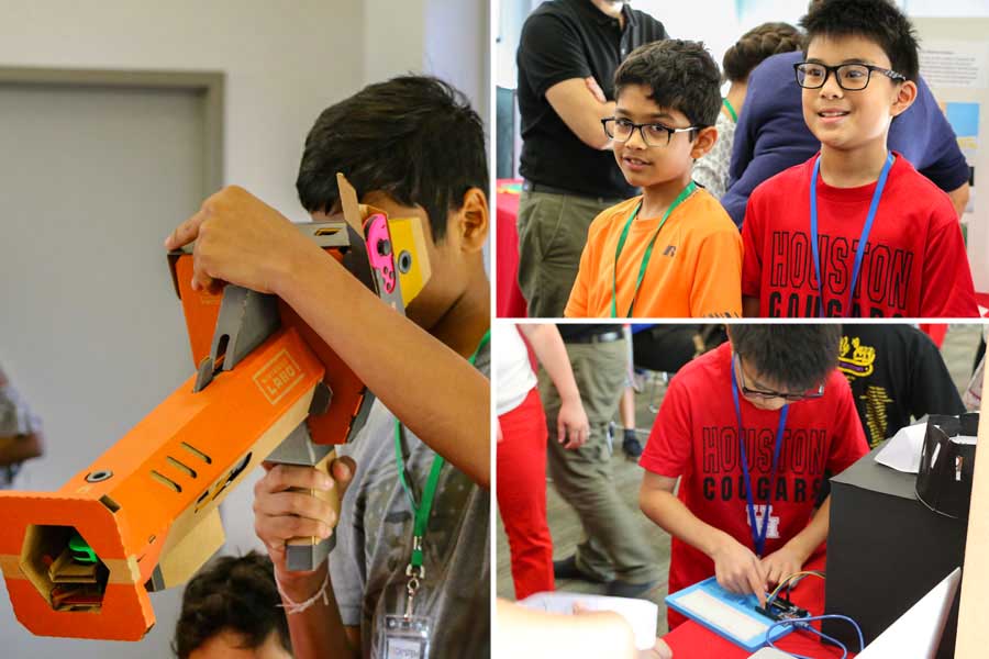 A montage of three photos featuring children engaged in various STEM (science, technology, engineering and math) activities.