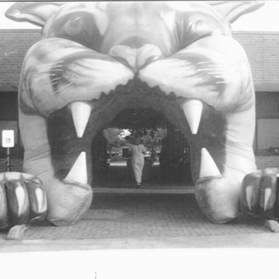 An inflatable cougar head over a building entrance