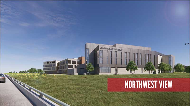3D rendered conceptual image of a 3 story brick building with windows. The feeder road of a highway are in the bottom left corner.