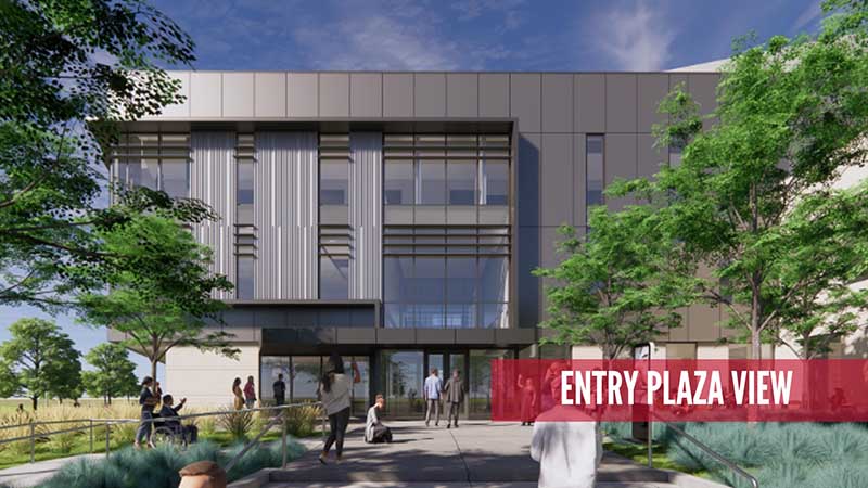 3D rendered close up conceptual image of the entrance to a 3 story brick building with windows. People walking are in the foreground.
