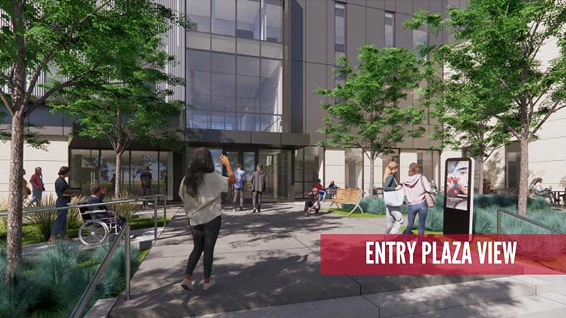 3D rendered angled close up conceptual image of the entrance to a 3 story brick building with windows. People walking are in the foreground.