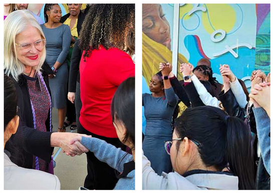 Left: Founding Dean of the College of Nursing, Kathryn Tart, shakes hands with students. Right: New Second Degree BSN students stand in a circle, holding hands with their family members.