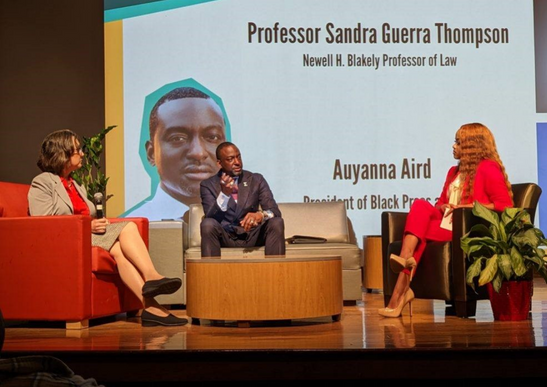 Sandra Guerra Thompson and Auyanna Aird interview Dr. Yusef Salaam, a member of the Exonerated Five, during the 2023 Dr. Martin Luther King Jr. Celebration.