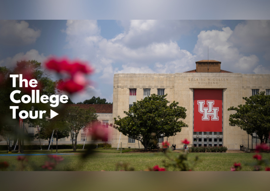 Image of The College Tour thumbnail. It has the text on top of the Ezekiel W. Cullen building with a play button.