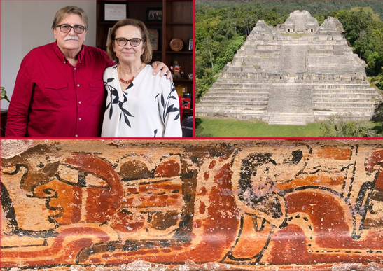 Collage of UH archelogists Diane Z. Chase and Arlen F. Chase, Detail of one of the polychrome captive found on four basal flange bowls in the tomb, and Caana, the central architectural complex at Caracol, Belize, rising 43.5 m above ground level. Founder’s tomb was found under the canopy in an acropolis to the immediate right of Caana.