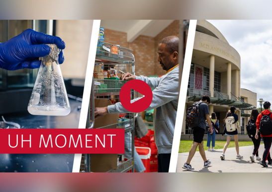 Image of UH Today thumbnail. It shows 3 images in a white frame. One shows someones hand holding a test tube, the second image shows a man looking at a food pantry, and the third photo shows students walking on campus.