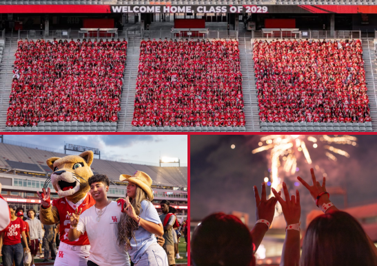 A collage of UH students enjoying events on campus Top photo shows a group photo of the Class of 2029 in the TDECU Stadium, the bottom left shows two students posing with cougar mascot Shasta, and bottom right shows three students holding the cougar paw up in front of fireworks.